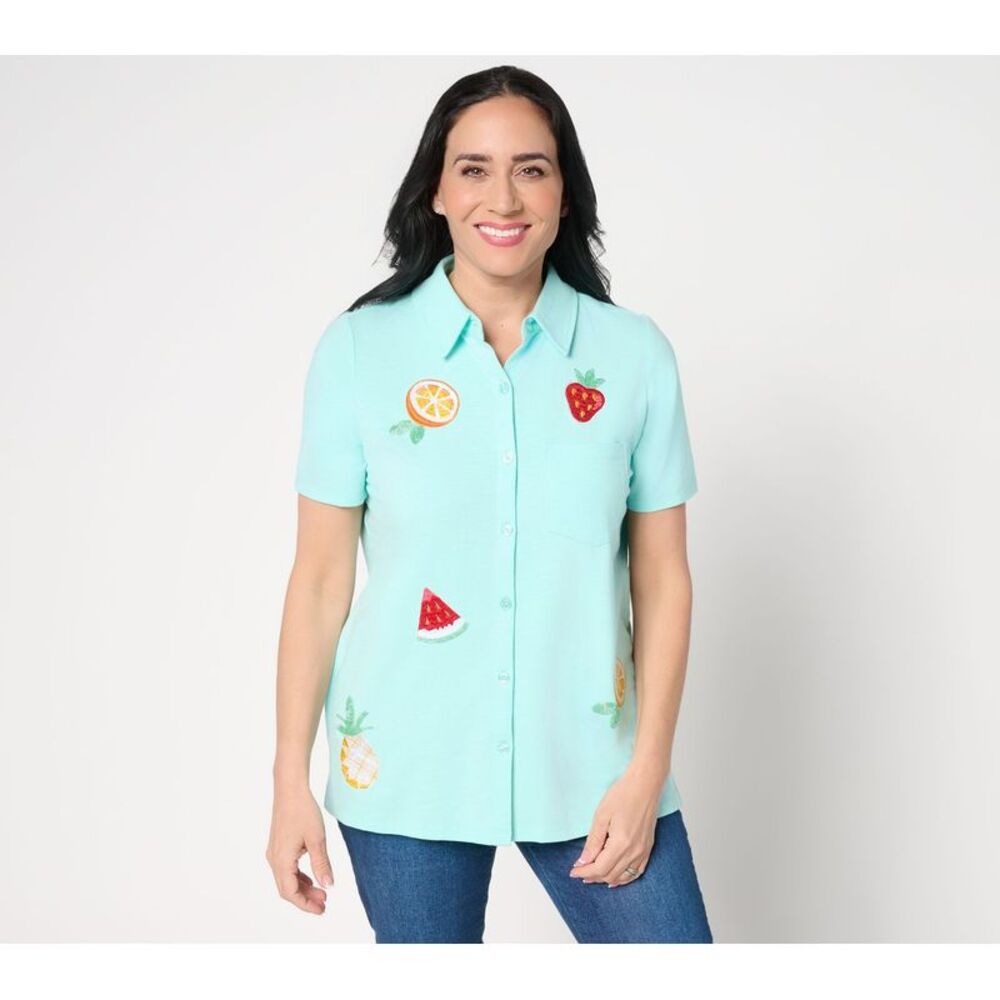 Quacker Factory Women's Top Sz L Cutie Fruity Embroidered Multi-colored A689904